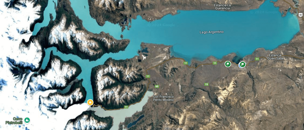 This is a satellite map of the area. You can see the Perito Moreno glacier and the city of El Calafate.